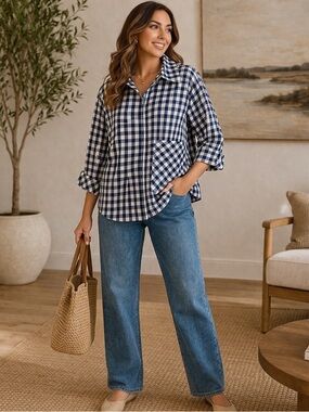 Women’s Cali Girls Shirt M Medium Blue‎ White Checkered Pleated Back Preppy